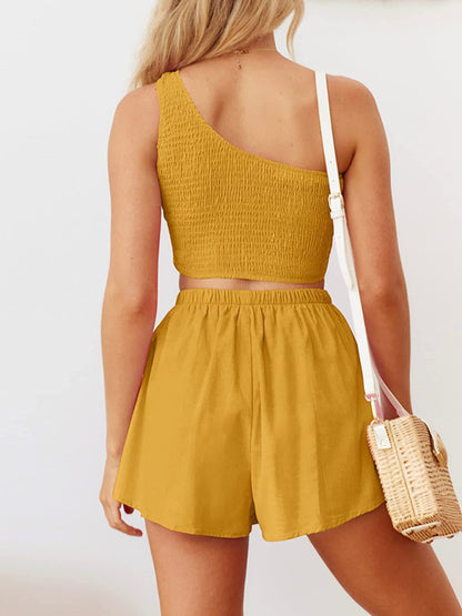 One-shoulder gathered crop top shorts beach two-piece suit