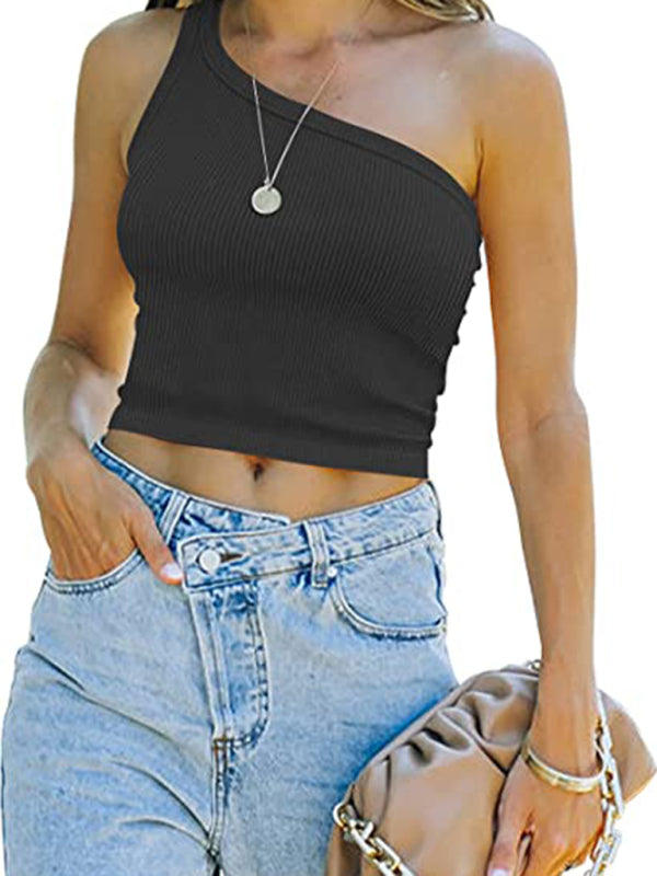 Damen Frühling Schulterfreies Crop Tank Top Rippen Lässiges Slim T-Shirt 