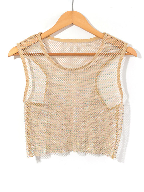 Sexy mesh flash diamond fishnet vest nightclub perspective hot girl T-shirt top