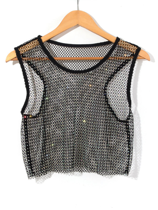 Sexy mesh flash diamond fishnet vest nightclub perspective hot girl T-shirt top