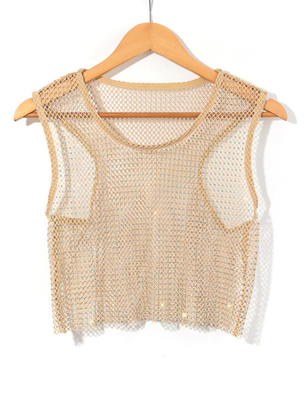 Sexy mesh flash diamond fishnet vest nightclub perspective hot girl T-shirt top