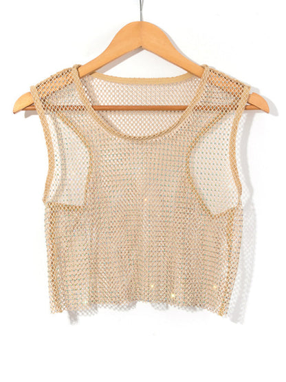 Sexy mesh flash diamond fishnet vest nightclub perspective hot girl T-shirt top