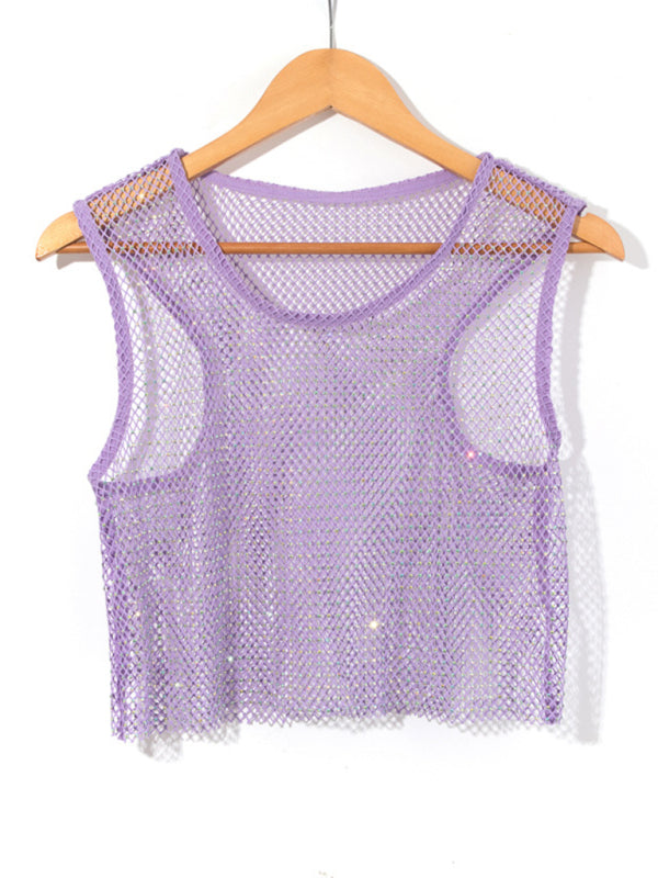 Sexy mesh flash diamond fishnet vest nightclub perspective hot girl T-shirt top