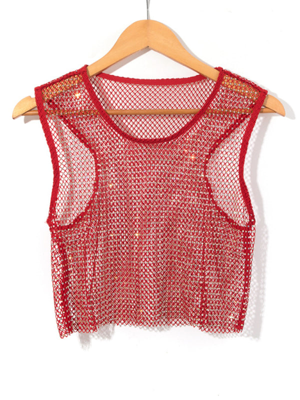 Sexy Mesh-Flash-Diamant-Fischnetz-Weste, Nachtclub-Perspektive, heißes Mädchen-T-Shirt-Oberteil 