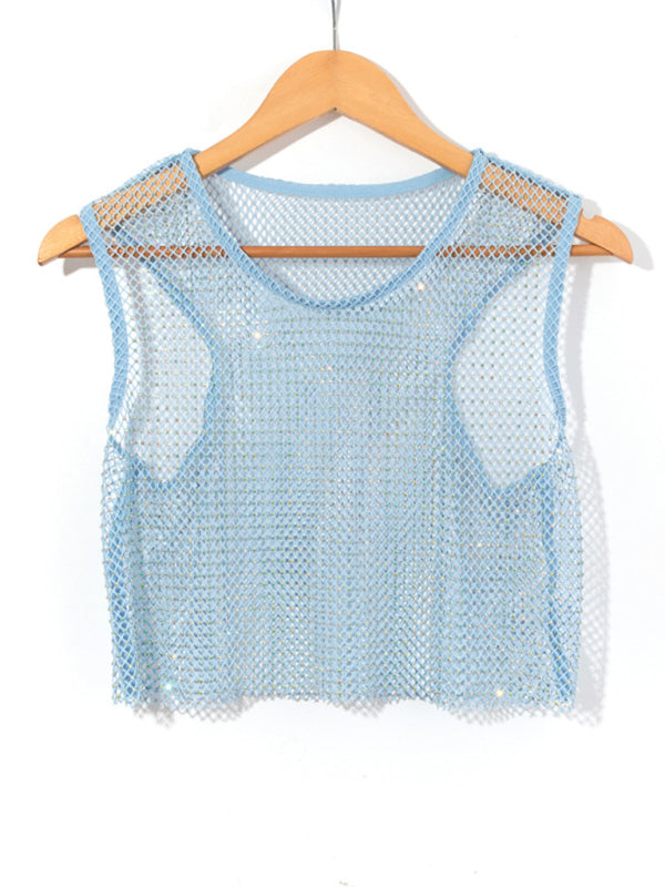 Sexy Mesh-Flash-Diamant-Fischnetz-Weste, Nachtclub-Perspektive, heißes Mädchen-T-Shirt-Oberteil 