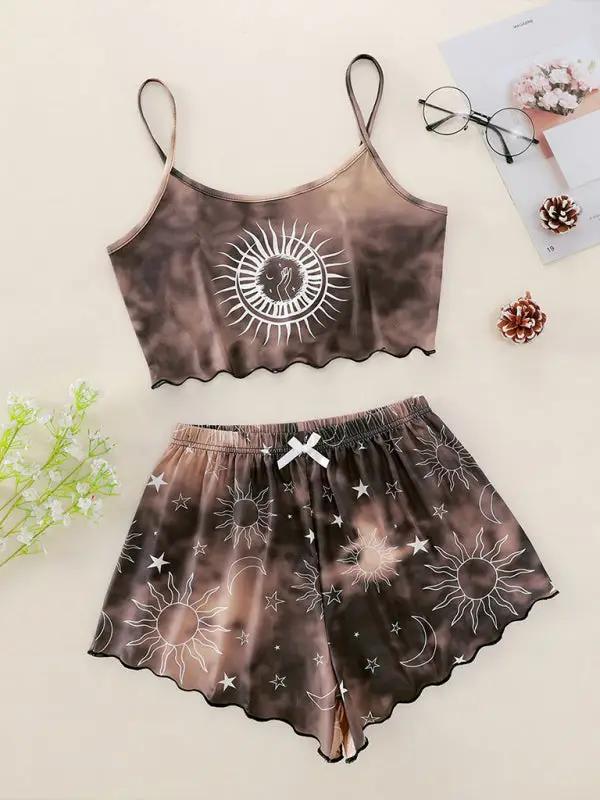 Brown tie-dye camisole and shorts with sun and moon print