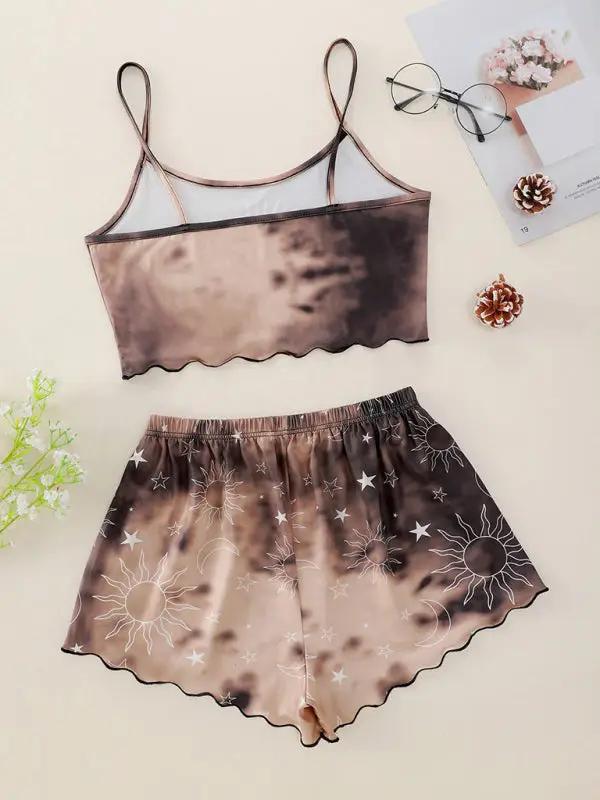 Back view of brown tie-dye camisole and shorts set