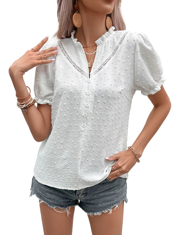 Damen-Hemd aus gewebtem Jacquard-Stoff mit kurzen Ärmeln und Spitze 