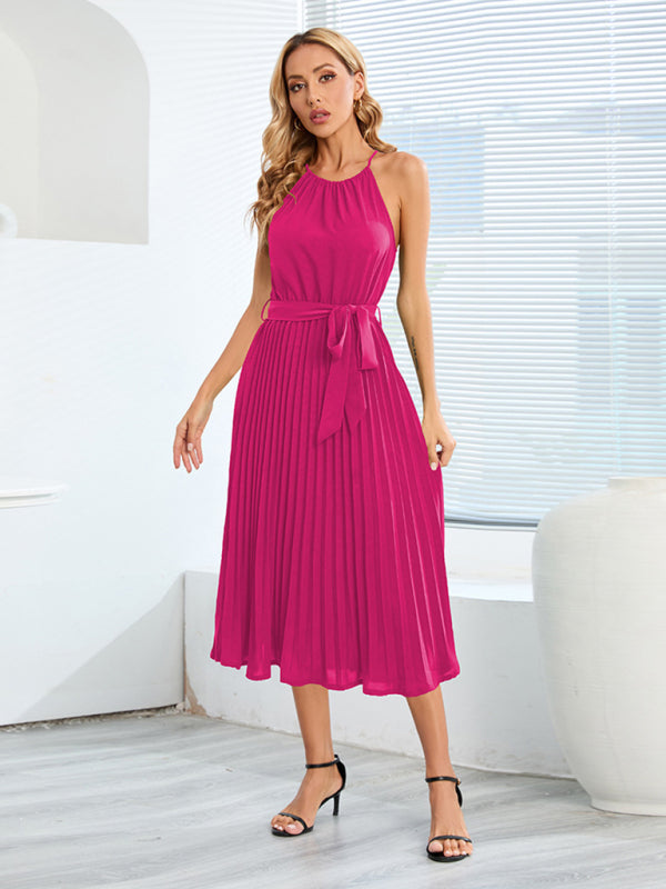 Robe midi plissée dos nu de couleur unie pour femmes 