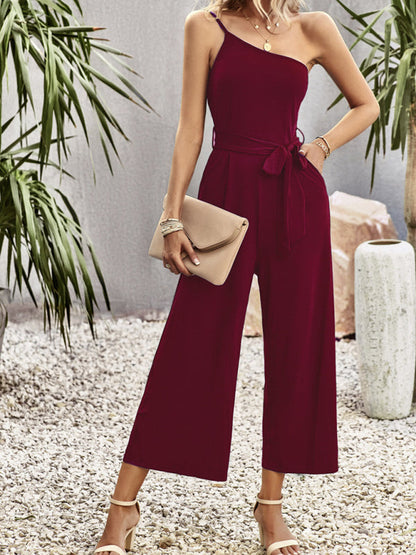 Einfarbiger One-Shoulder-Jumpsuit für Damen mit Bindeband 