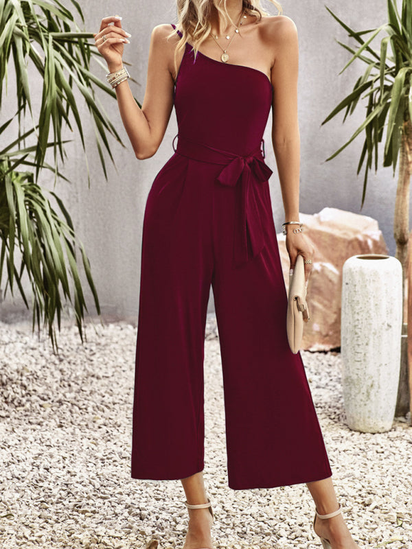 Einfarbiger One-Shoulder-Jumpsuit für Damen mit Bindeband 