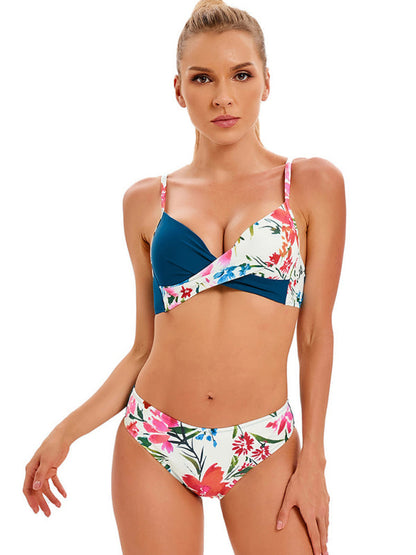 Ensemble de bain pour femmes, couleur unie, avec haut de bikini fendu à imprimé floral et boutons assortis 