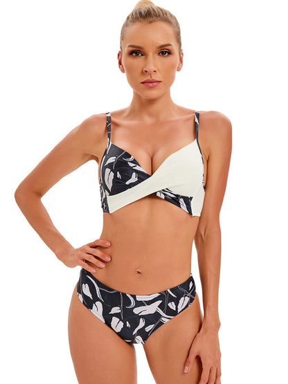 Ensemble de bain pour femmes, couleur unie, avec haut de bikini fendu à imprimé floral et boutons assortis 