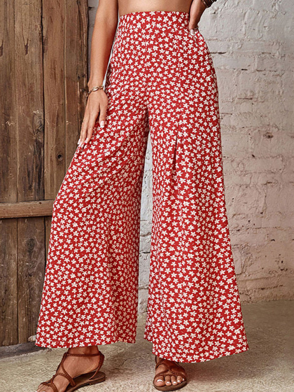 Pantalon évasé à jambes larges et imprimé floral taille haute pour femme 