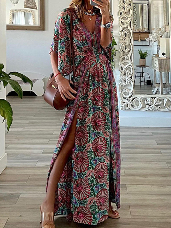 Damen-Midikleid mit V-Ausschnitt, kurzen Ärmeln, lockerem Bohemian-Print 