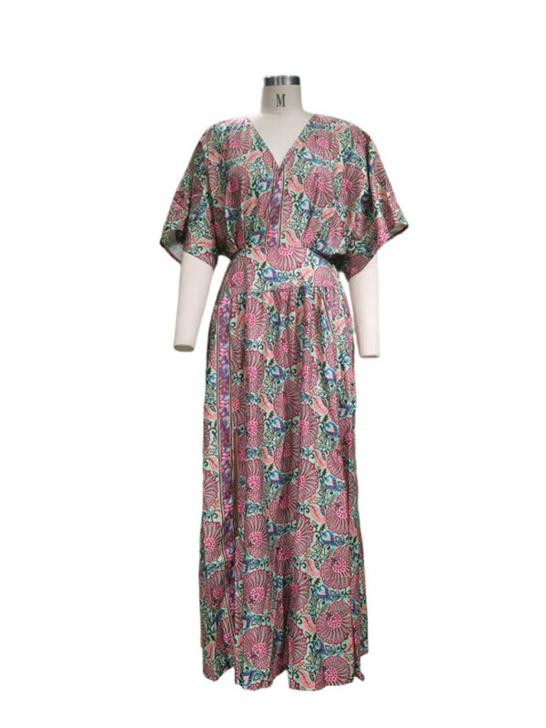 Damen-Midikleid mit V-Ausschnitt, kurzen Ärmeln, lockerem Bohemian-Print 