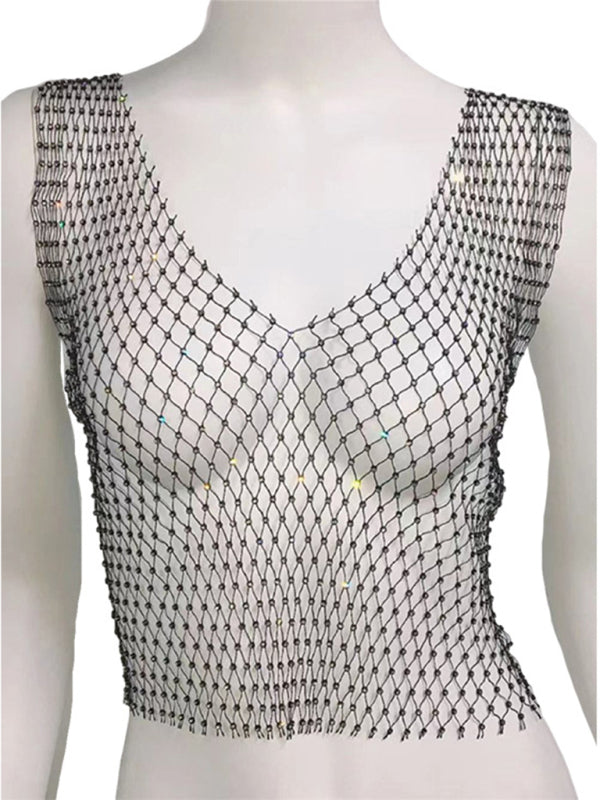 Gilet en résille Sexy pour boîte de nuit, strass creux, maille clignotante, diamant, écharpe 