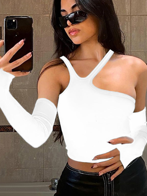 Fashion Navel Strapless Irregular Split Hand Sleeves Slim Fit sexy t-shirt