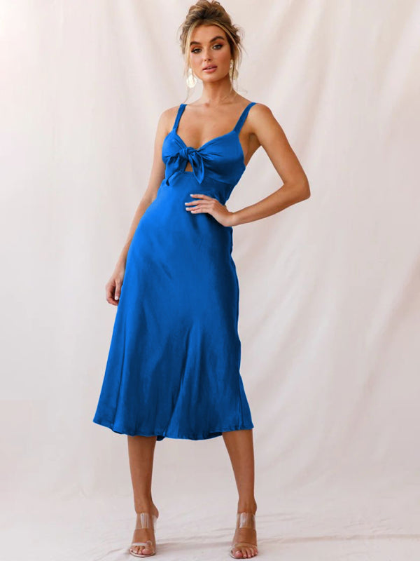 Robe midi en satin découpée à nouer sur le devant de couleur unie pour femmes 