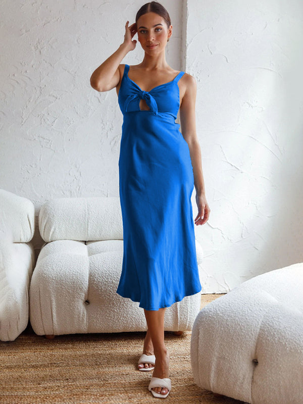 Robe midi en satin découpée à nouer sur le devant de couleur unie pour femmes 