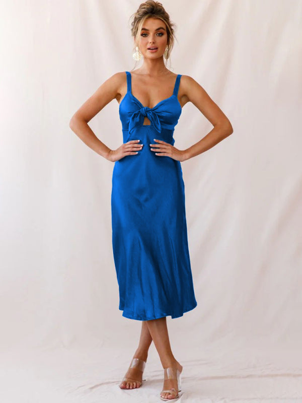 Robe midi en satin découpée à nouer sur le devant de couleur unie pour femmes 