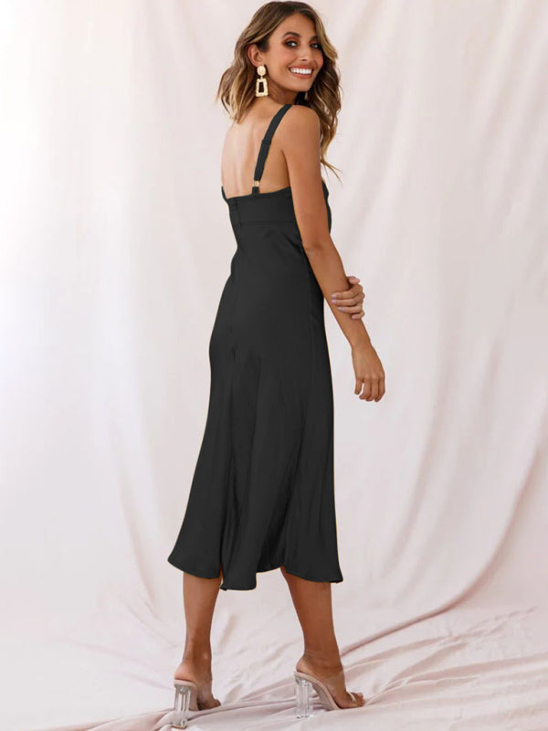 Robe midi en satin découpée à nouer sur le devant de couleur unie pour femmes 