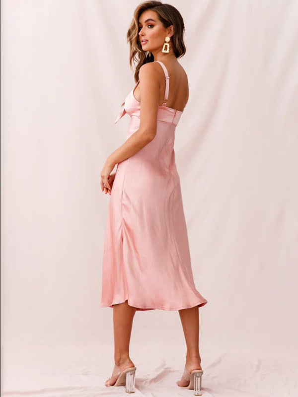 Robe midi en satin découpée à nouer sur le devant de couleur unie pour femmes 