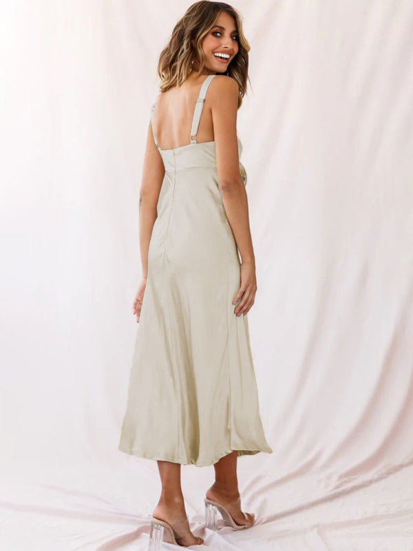 Robe midi en satin découpée à nouer sur le devant de couleur unie pour femmes 