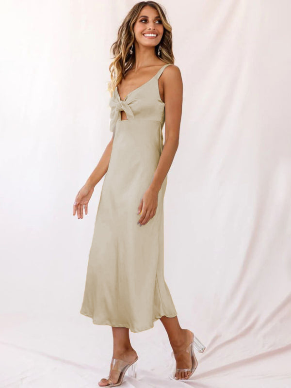 Robe midi en satin découpée à nouer sur le devant de couleur unie pour femmes 