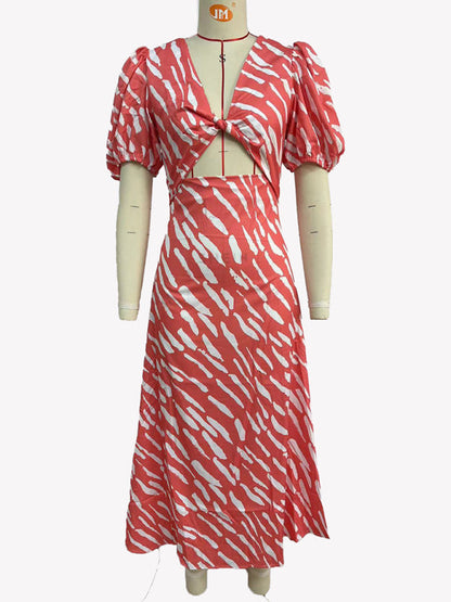 Robe midi imprimée à col en V pour femme 