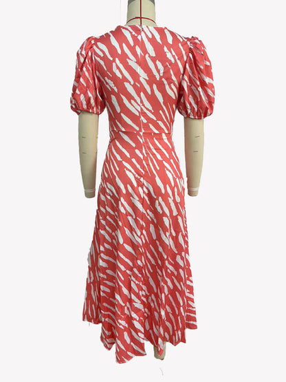 Robe midi imprimée à col en V pour femme 