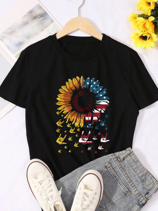 Kurzarm-T-Shirt mit Sonnenblumen-Flaggen-Print für Damen 