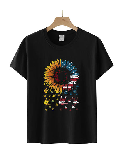 Kurzarm-T-Shirt mit Sonnenblumen-Flaggen-Print für Damen 