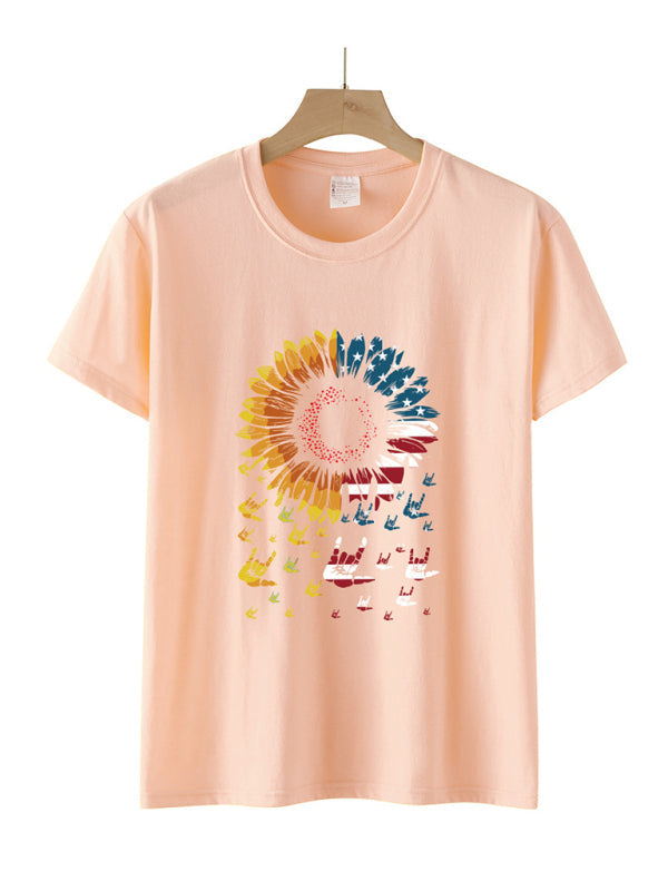 Kurzarm-T-Shirt mit Sonnenblumen-Flaggen-Print für Damen 