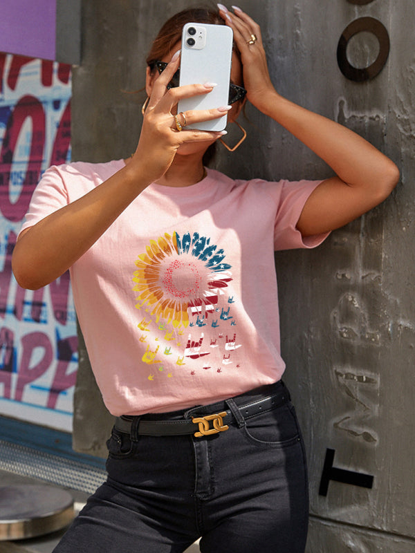 T-shirt à manches courtes imprimé drapeau tournesol pour femmes 