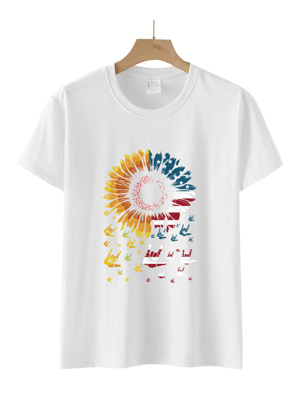 Kurzarm-T-Shirt mit Sonnenblumen-Flaggen-Print für Damen 