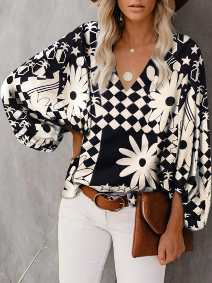 V-neck casual shirt printed lantern sleeve top women&