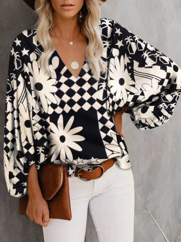 V-neck casual shirt printed lantern sleeve top women&