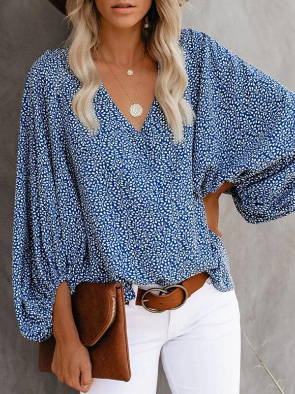 V-neck casual shirt printed lantern sleeve top women&