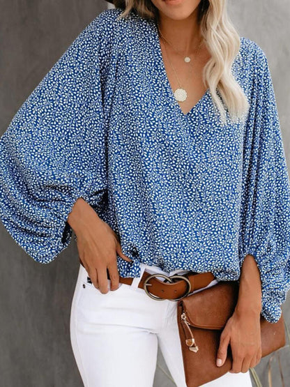 V-neck casual shirt printed lantern sleeve top women&