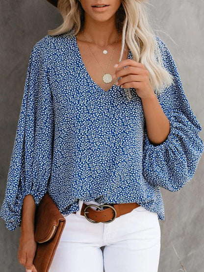 V-neck casual shirt printed lantern sleeve top women&