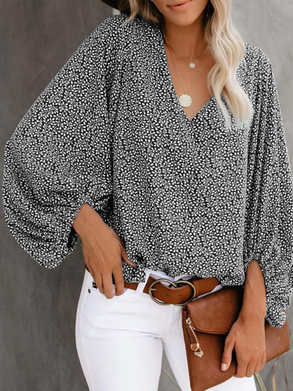 V-neck casual shirt printed lantern sleeve top women&