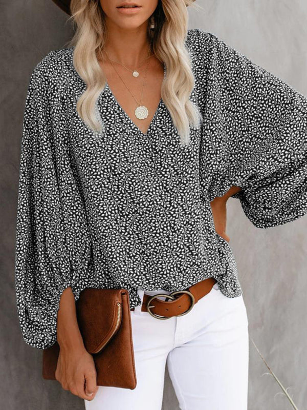 V-neck casual shirt printed lantern sleeve top women&