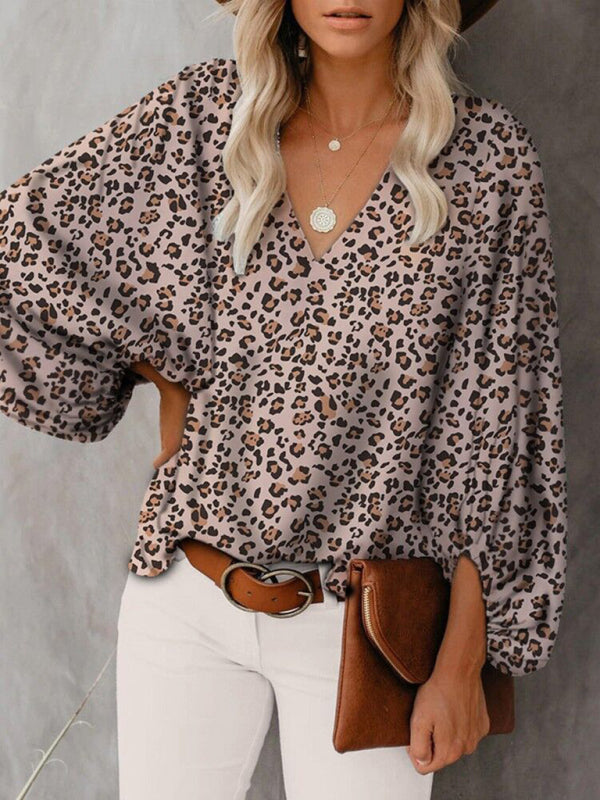 V-neck casual shirt printed lantern sleeve top women&