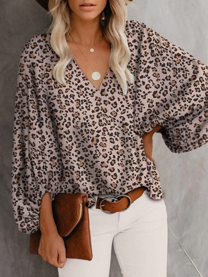 V-neck casual shirt printed lantern sleeve top women&