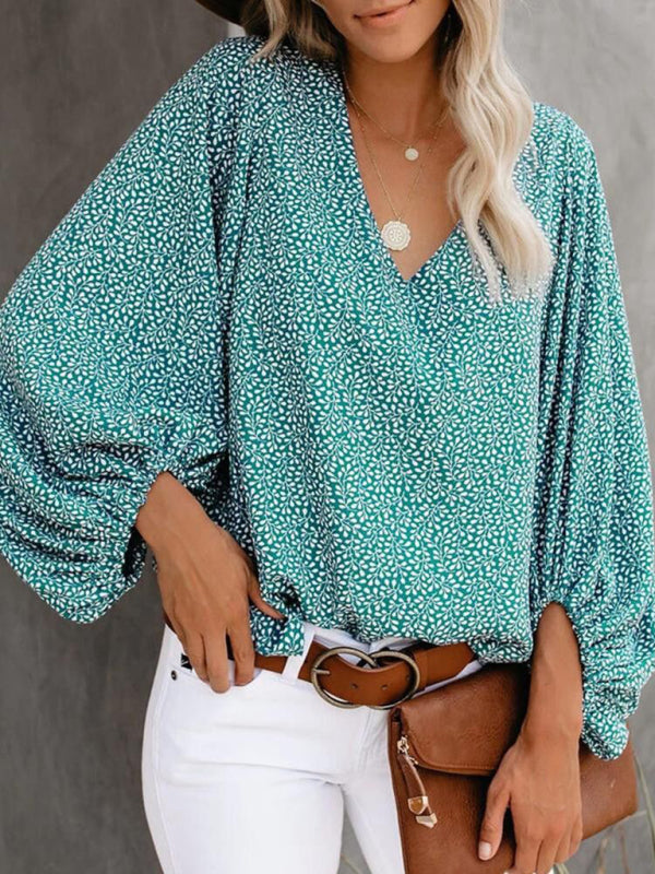 V-neck casual shirt printed lantern sleeve top women&