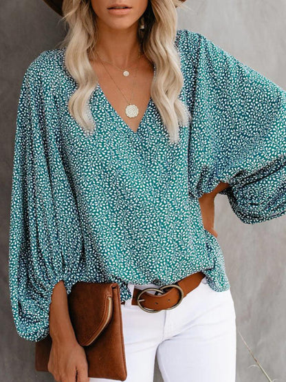 V-neck casual shirt printed lantern sleeve top women&