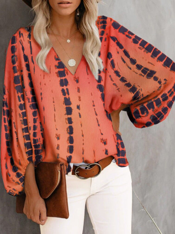 V-neck casual shirt printed lantern sleeve top women&