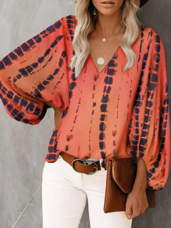 V-neck casual shirt printed lantern sleeve top women&