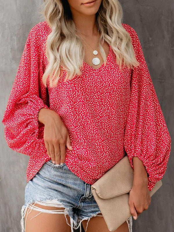 V-neck casual shirt printed lantern sleeve top women&